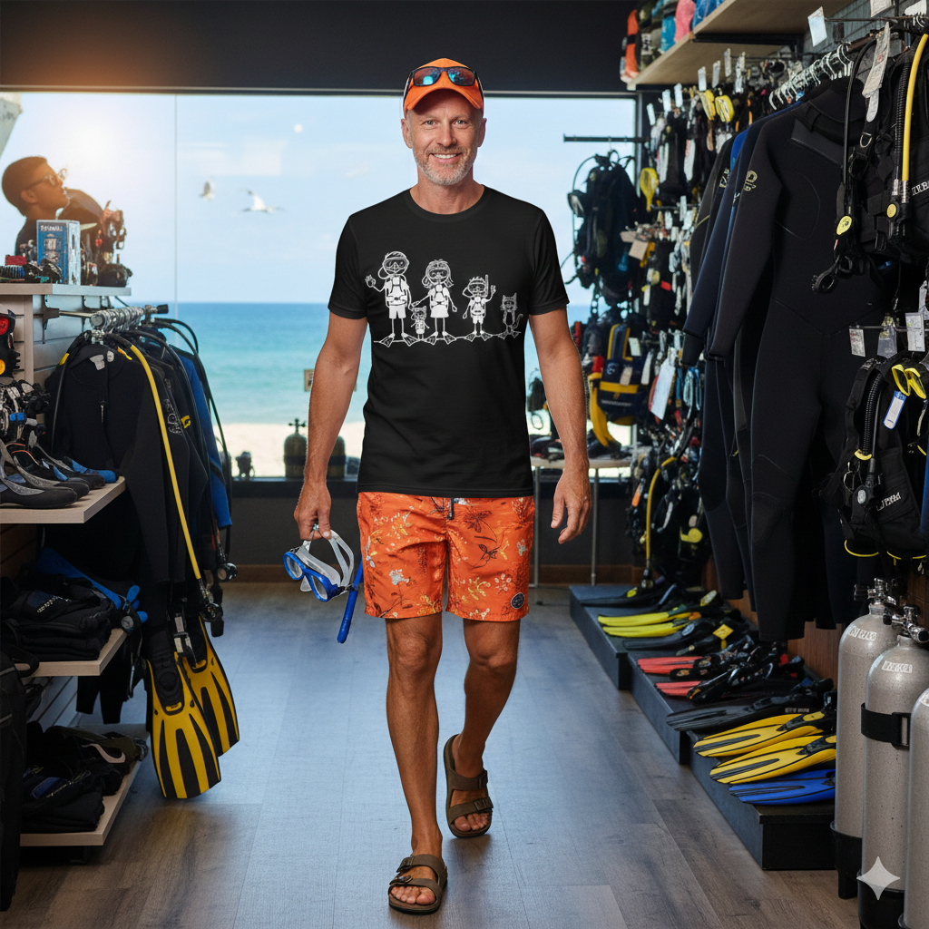 Scuba Diving Family on Dark Colored Crew Neck Tees