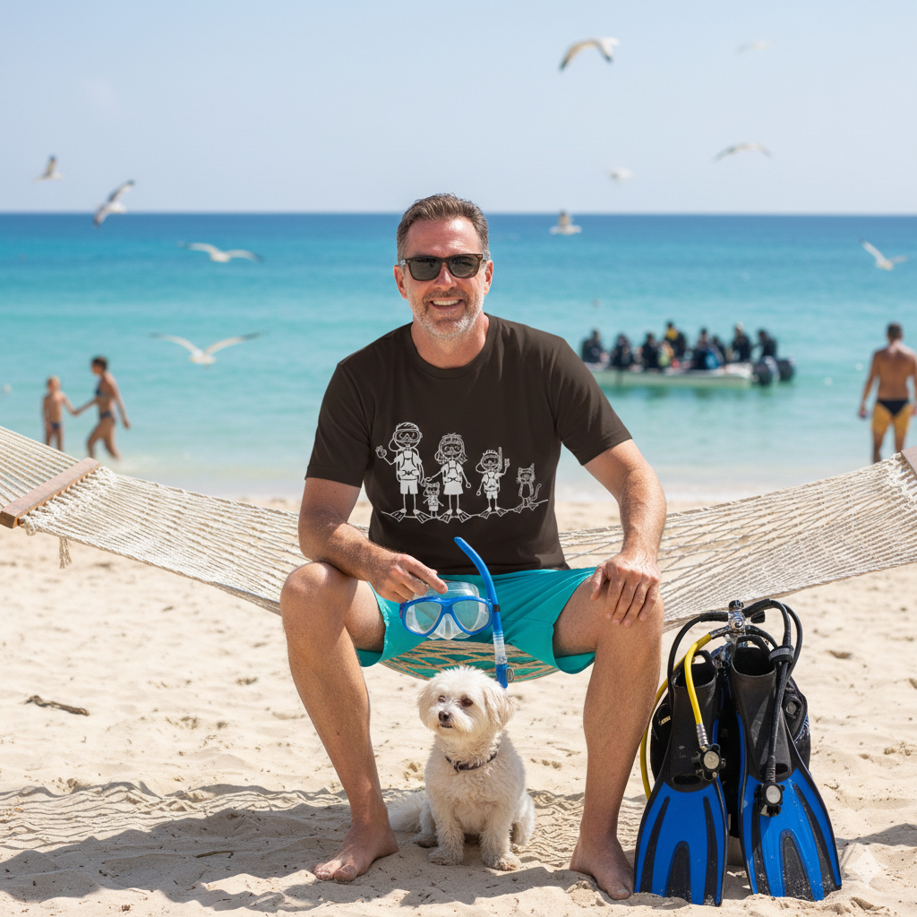 Scuba Diving Family on Dark Colored Crew Neck Tees