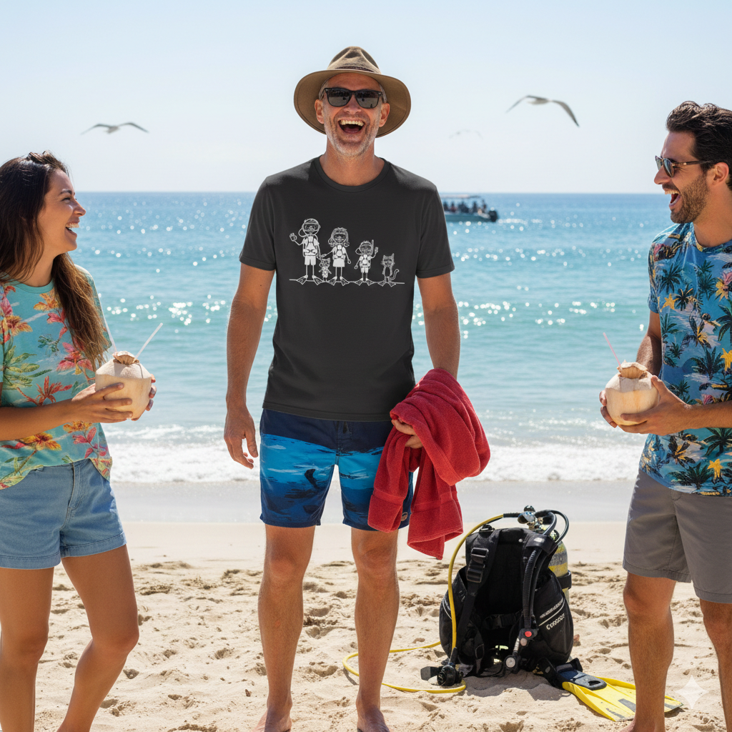 Scuba Diving Family on Dark Colored Crew Neck Tees