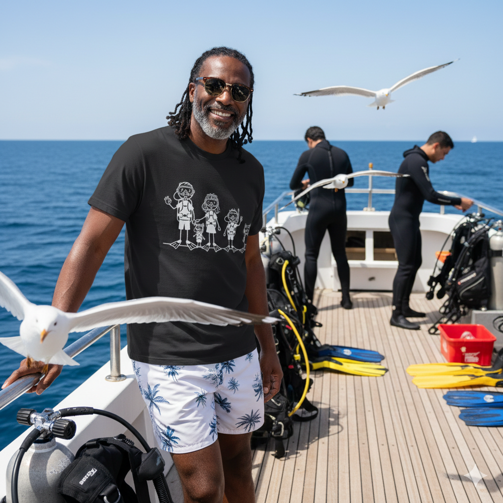 Scuba Diving Family on Dark Colored Crew Neck Tees