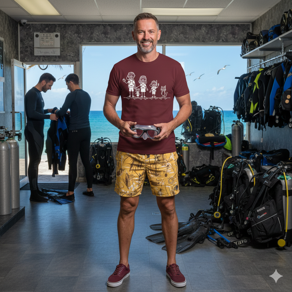 Scuba Diving Family on Dark Colored Crew Neck Tees