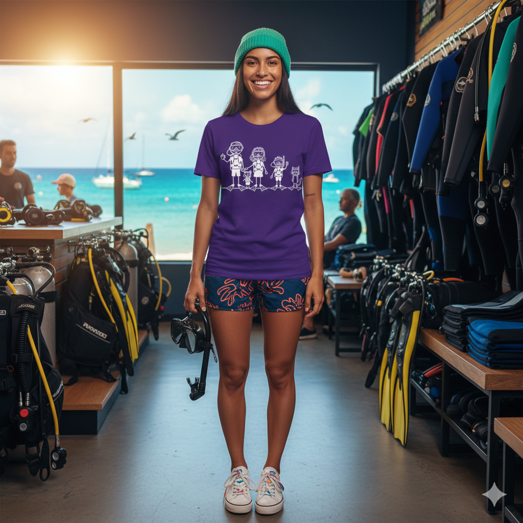 Scuba Diving Family on Dark Colored Crew Neck Tees